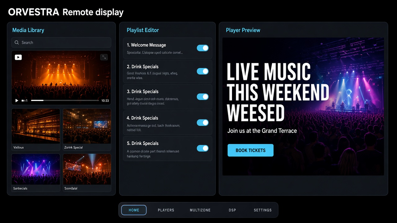 ORVESTRA remote advertising admin s medijatekom i pregledom displaya